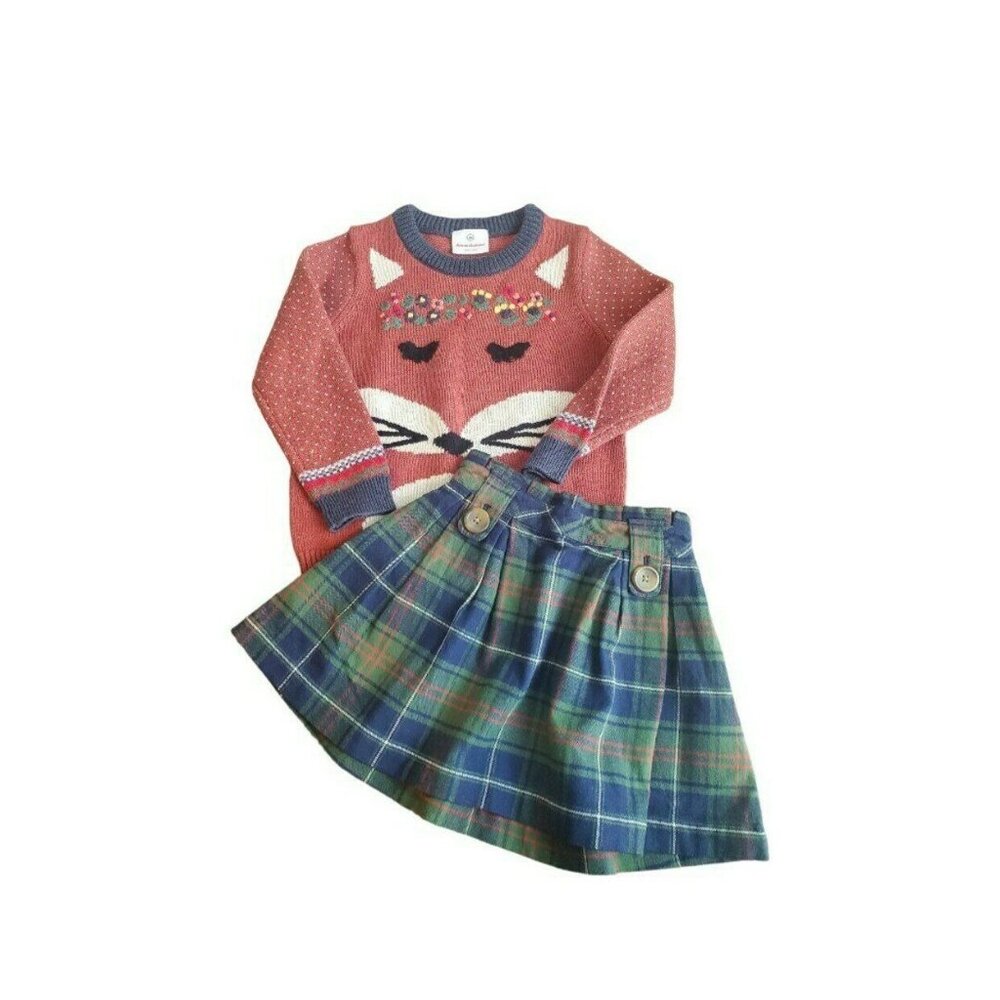 Hanna Andersson HTF Wool Fox Sweater And Plaid Skirt Size 4